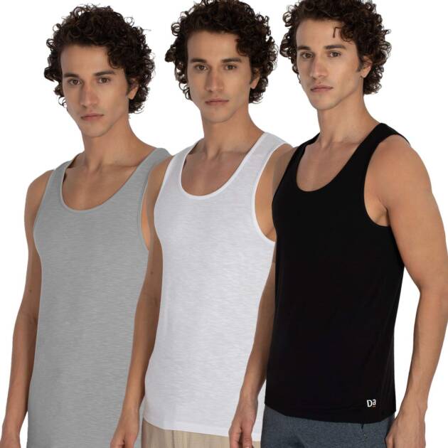 DAMENSCH Men's NEO-SKIN Anti-Microbial Slub Vest- Anti-odor-Bamboo Rayon Fabric- Round Neck- Pack of 3- Bright White, Natural Black, Crisp Grey- Medium