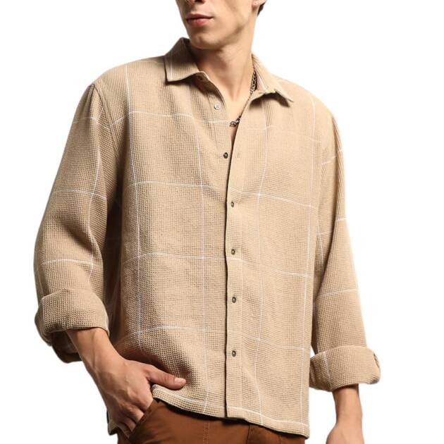 Hubberholme Men Summer Cotton Spread Collar Long Sleeves Oversized Casual Shirt 36 Beige