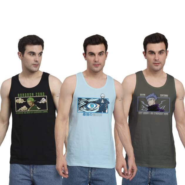 Peppyzone Anime Printed Pure Cotton Tank Top Vest for Men Combo Pack of 3 (4XL, Combo2)