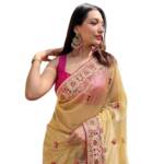 MUNIR Women's Silver Tissue Net Beautiful Ethnic Saree With Unstiched Blouse Piece For Festival And Function (Yellow)