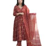 Nermosa Women Printed Anarkali Kurta and Pant Set with Dupatta (in, Alpha, XL, Red)