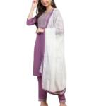 TOPLOT Women's Solid Straight Kurta with Pant & Dupatta|Kurta Pant Set with Dupatta (Straight-Kurta-Pant-5197-Purple-S)