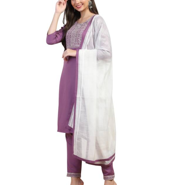 TOPLOT Women's Solid Straight Kurta with Pant & Dupatta|Kurta Pant Set with Dupatta (Straight-Kurta-Pant-5197-Purple-S)