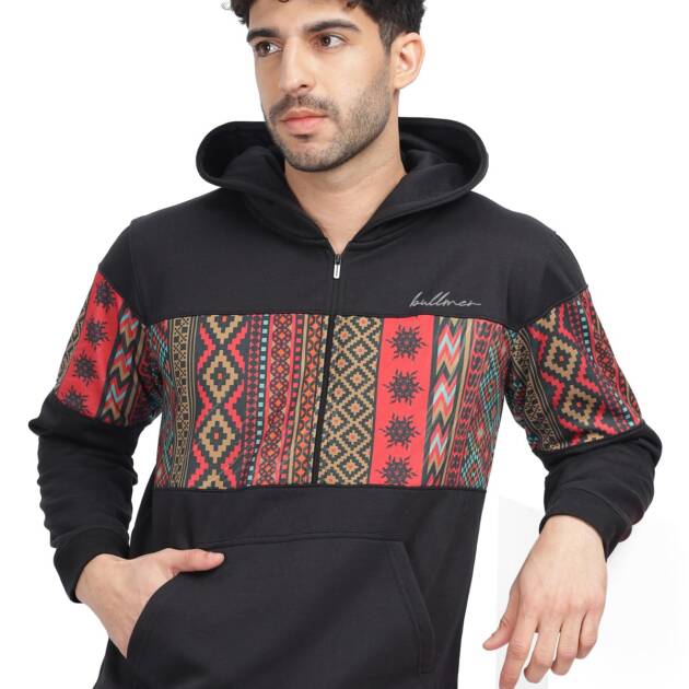 BULLMER Trendy Colourblock Fleece Hooded Neck Regular Hoodie Sweatshirt for Men/Black/Medium