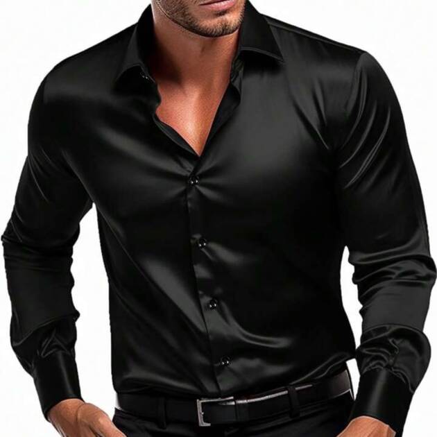 IndoPrimo Men's Classic fit Plain Satin Casual Shirt for Men Full Sleeve (in, Alpha, 2XL, Black)
