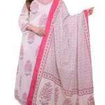 KLOSIA Women Printed Straight Kurta and Pant Set with Dupatta (in, Alpha, XL, White)