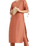 Janasya Women's Peach Poly Silk Embellished Kurta with Pant(SET324-KR-NP-J-M)