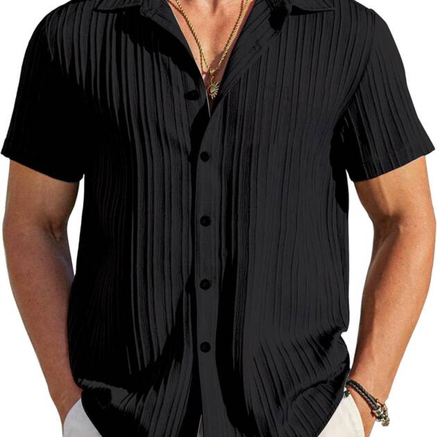 Mehrang Men's Fringe Popcorn Fabric Button-Down Camp Shirt, Short Sleeves (in, Alpha, L, Regular, Black)