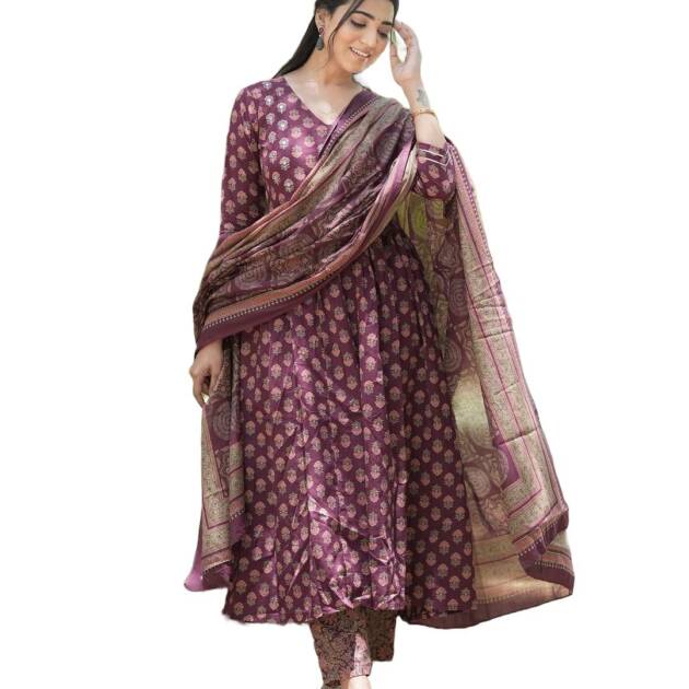 Nermosa Women Printed Anarkali Kurta and Pant Set with Dupatta (in, Alpha, M, Wine)