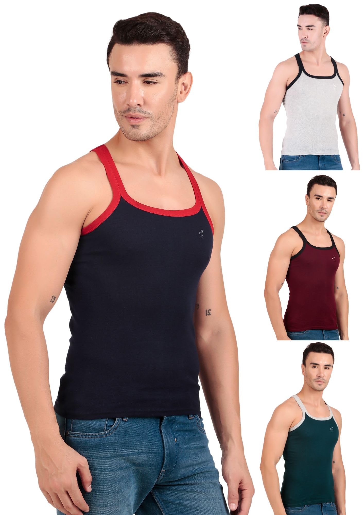 Inner Element Men's Combed Cotton Rib Square Neck Sleeveless Gym Vest Multicolor Pack of 4 - Image 4