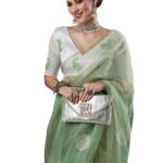 AKHILAM Women's Olive Embroidered Organza Saree With Unstitched Blouse Piece (4KAVI401)