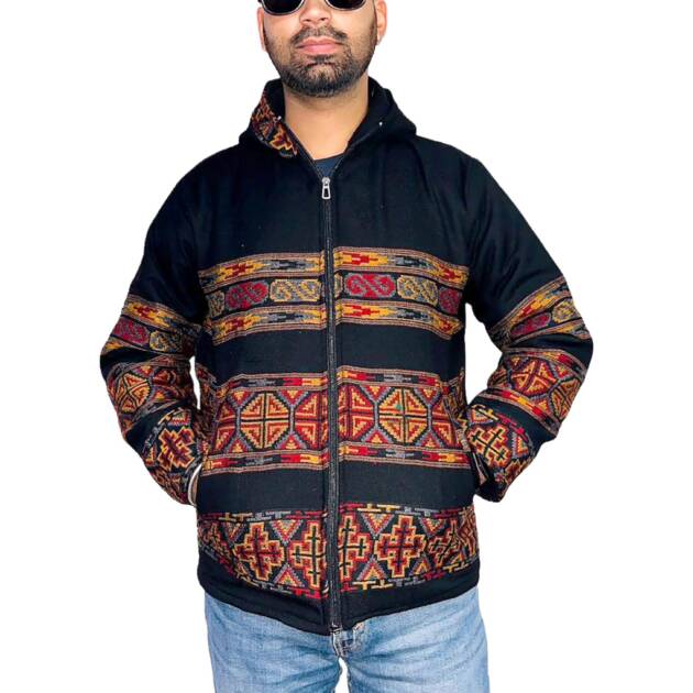 PURE YAK WOOL ZIPPER HOODIE JACKET FOR MEN AND WOMEN WITH TRADITIONAL KULLU LACE DESIGN Spanish black 3 patti (36)