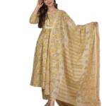MEERA FAB Women's Cotton Printed Anarkali Kurta With Palazzo & Dupatta Set Yellow L