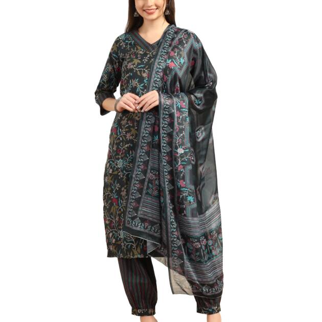 TADKEE Women's Printed Kurta with Pant & Dupatta (FN-V-Kurta-Set-Dupatta-120-Black-XL)