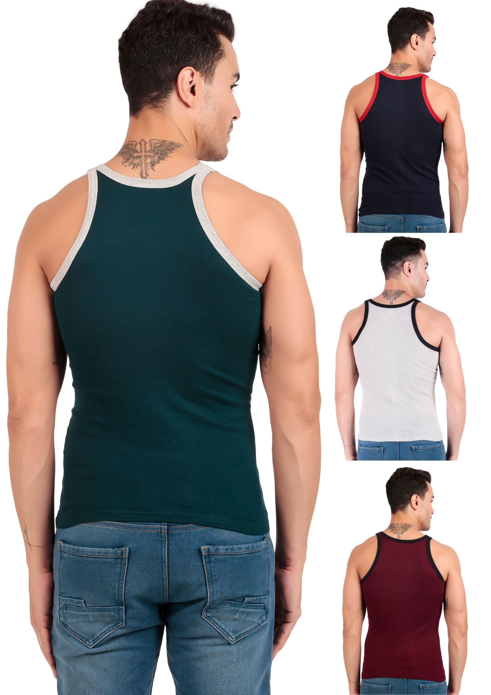 Inner Element Men's Combed Cotton Rib Square Neck Sleeveless Gym Vest Multicolor Pack of 4 - Image 5