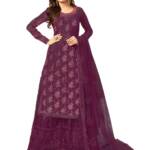 Miss Ethnik Women's Purple Jacquard silk Semi Stitched Top With Stitched Net Bottom and Net Dupatta Embroidered Straight Kurta Dress Material (Kurta Palazzo Set) (1042-Purple)