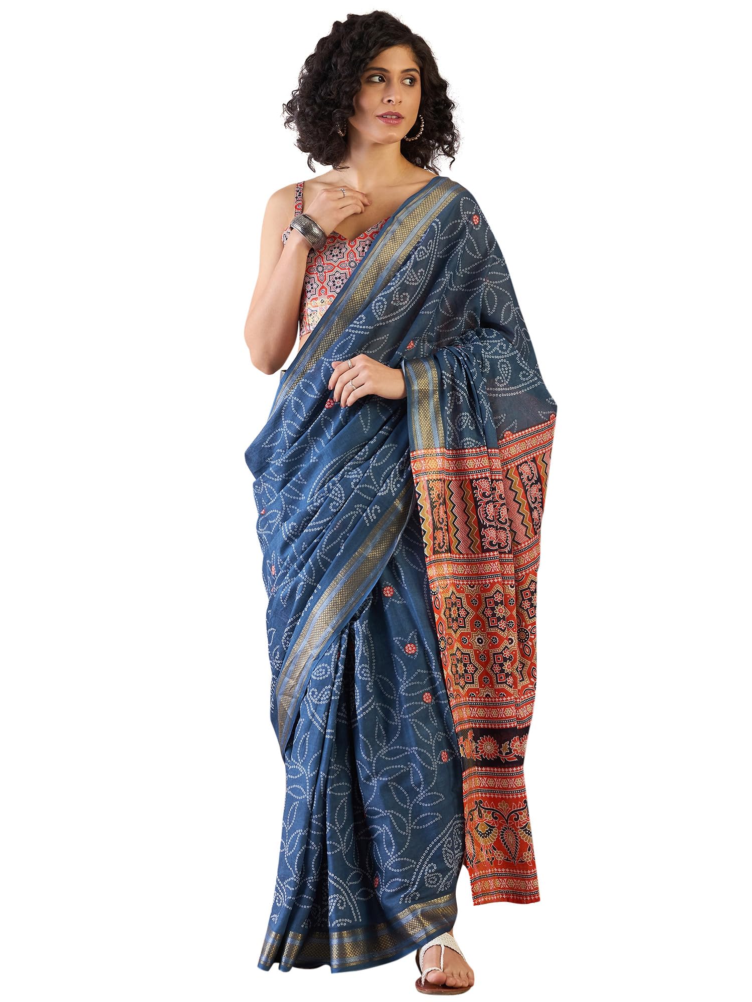 SAREE MALL Women's Navy Blue Cotton Bandhani Printed Ready To Wear one Minute Saree With Unstitched Blouse Piece(RTWMINAXI7401_SMC)