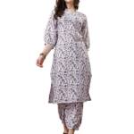 Yashika Women's Printed Cotton Blend Sraight Kurta Pant Set||AZ-YS-P1-KS2072-XL White