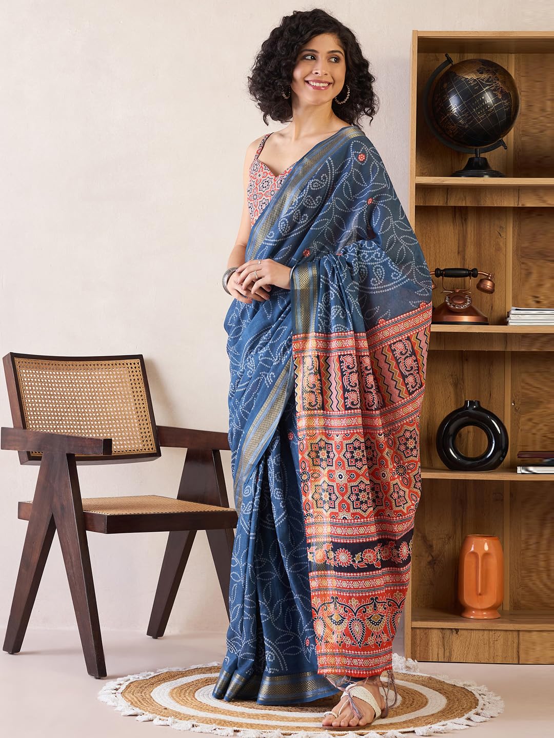 SAREE MALL Women's Navy Blue Cotton Bandhani Printed Ready To Wear one Minute Saree With Unstitched Blouse Piece(RTWMINAXI7401_SMC) - Image 5