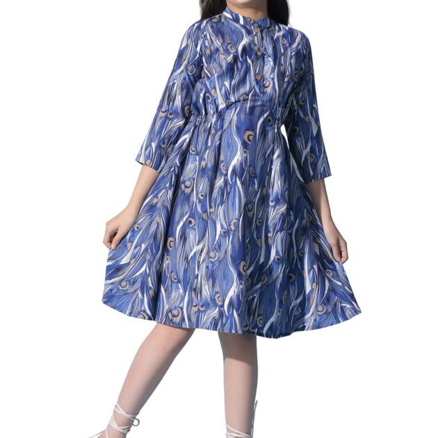 Fashion Dream Girl's Printed Knee Length Dresses|Frock for Girls|Kids Midi Dress for Girls|Western Dress(FDGFRK00353 BLU 40_Blue_13-14Yrs)