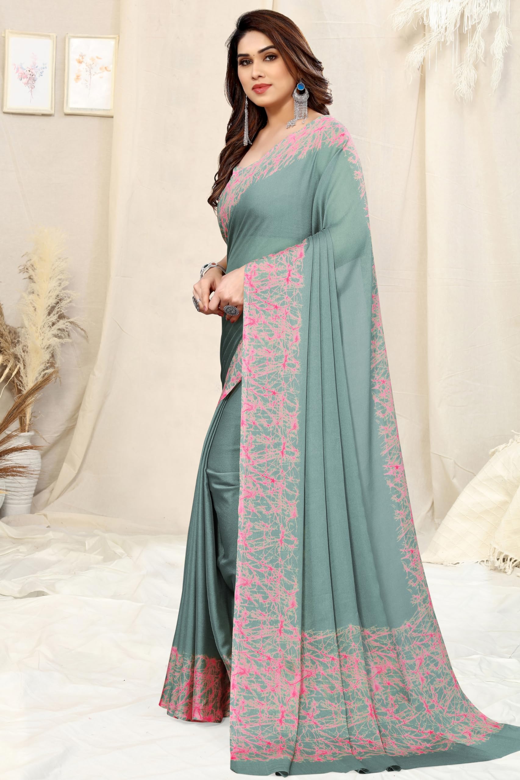 MIRCHI FASHION Chiffon Georgette Abstract Printed Sarees for Women with Blouse Piece (40823-Pastel Teal) - Image 8