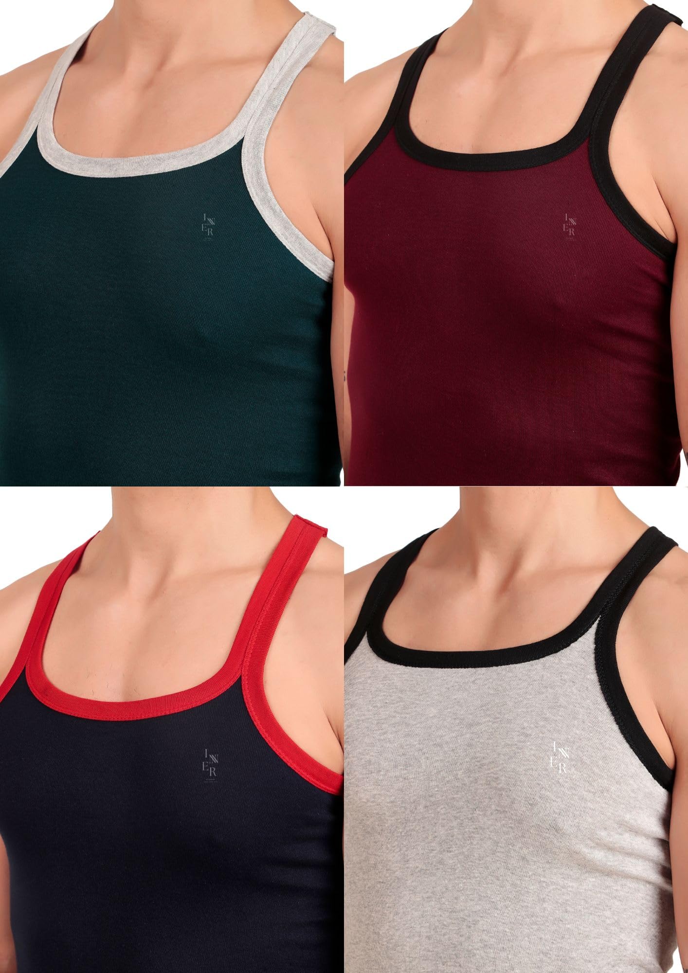 Inner Element Men's Combed Cotton Rib Square Neck Sleeveless Gym Vest Multicolor Pack of 4 - Image 3
