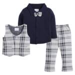 BUMZEE Beige & Navy Boys Full Sleeves Shirt Waistcoat & Pant Set with Applique Bow Age - 0-6 Months (Peb8050B-bge.NBL)