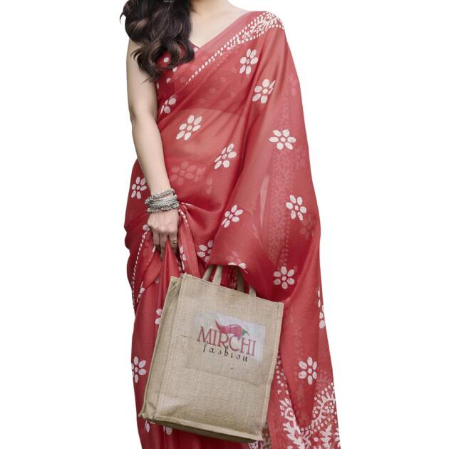 MIRCHI FASHION Chiffon Georgette Batik Printed Sarees for Women with Blouse Piece (38962-Coral, White)