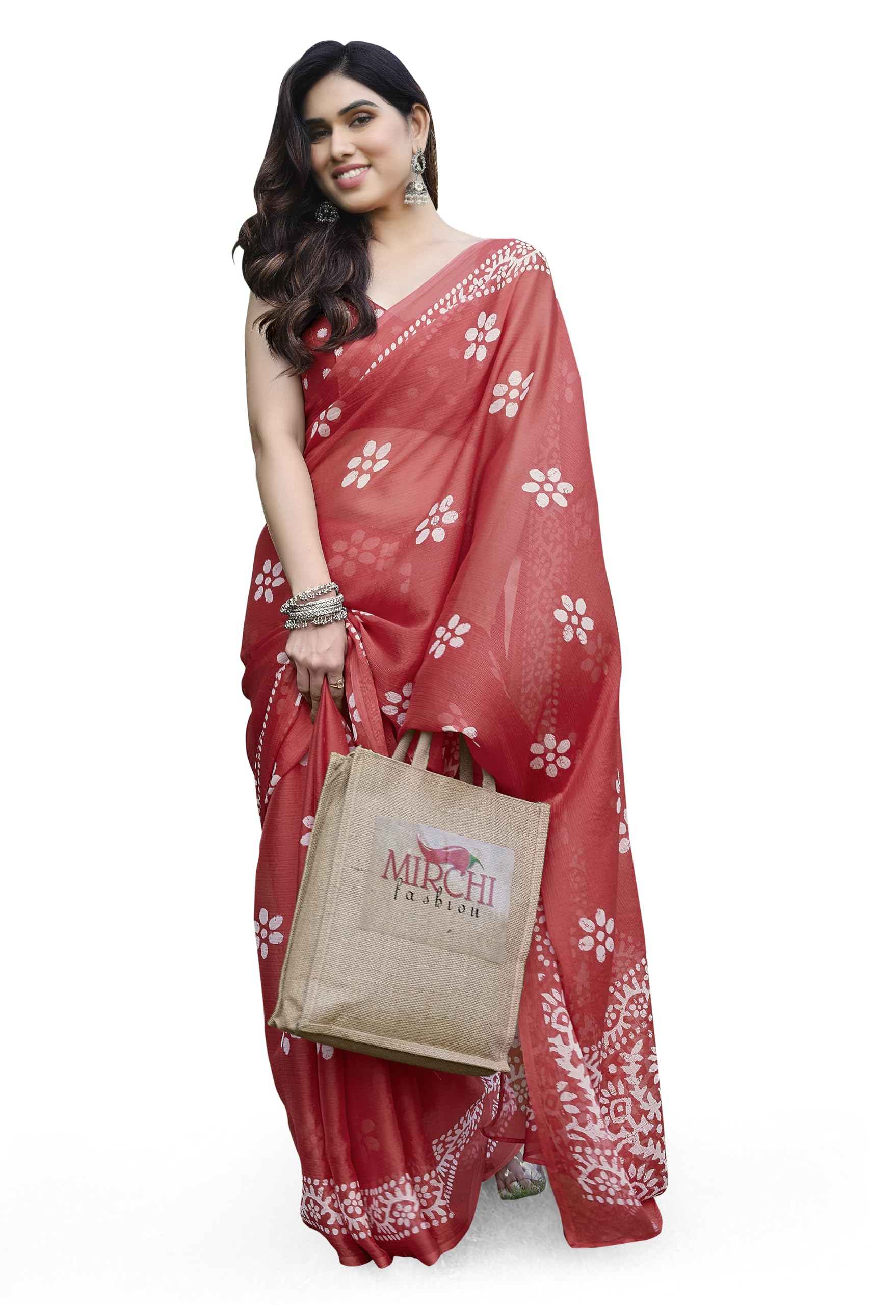 MIRCHI FASHION Chiffon Georgette Batik Printed Sarees for Women with Blouse Piece (38962-Coral, White)