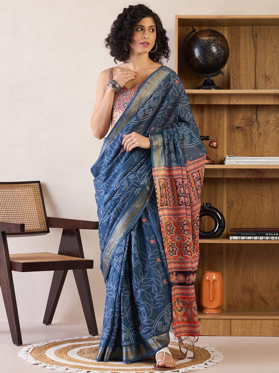 SAREE MALL Women's Navy Blue Cotton Bandhani Printed Ready To Wear one Minute Saree With Unstitched Blouse Piece(RTWMINAXI7401_SMC) - Image 6