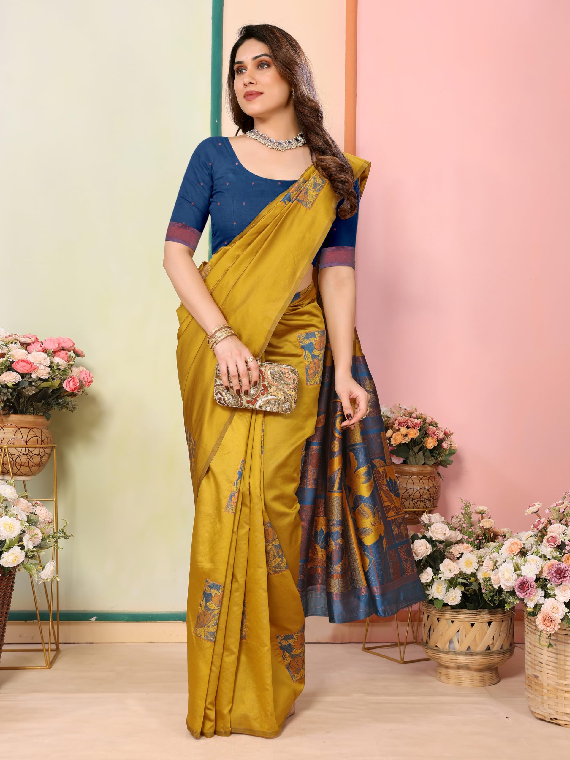 Sidhidata Women's Kanjivaram Banarasi Soft Silk Saree With Unstitched Blouse Piece (Silk Box Flower Mustard_Mustard_Free Size) - Image 5