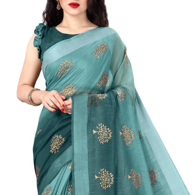 MIRCHI FASHION Women's Cotton Blend Tree Block Pattern Foil Print Saree with Blouse Piece (24218-Teal, Gold)