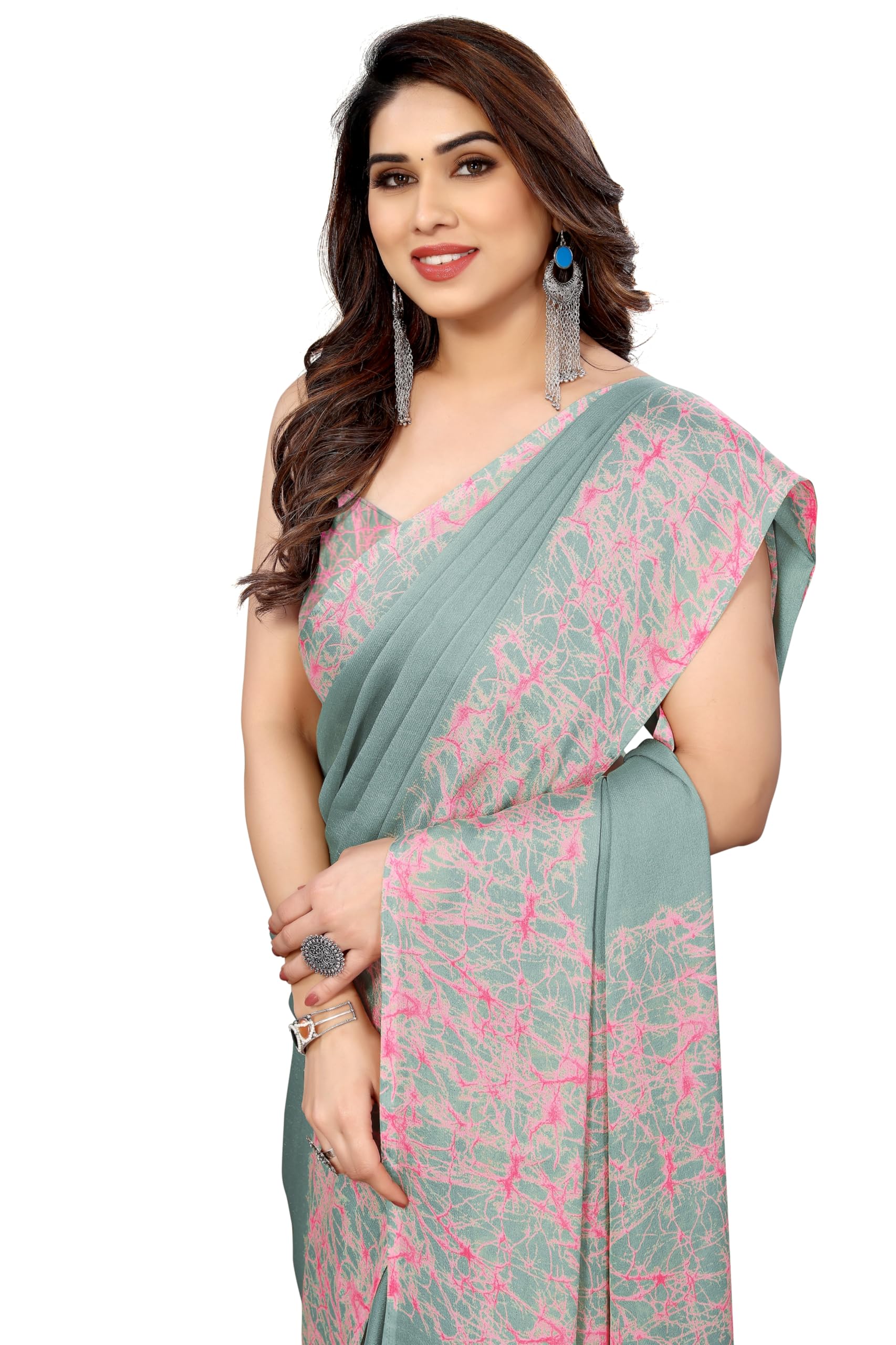 MIRCHI FASHION Chiffon Georgette Abstract Printed Sarees for Women with Blouse Piece (40823-Pastel Teal)