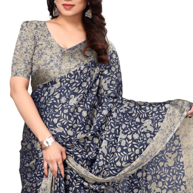 MIRCHI FASHION Chiffon Georgette Madhubani Printed Sarees for Women with Blouse Piece (38443-Navy Blue, Beige)