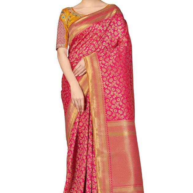 Monjolika Fashion Women's Banarasi Silk Blend Woven Rani Pink Color Tussle Saree With Embroidered Work Blouse Piece (45555 Rani Pink)