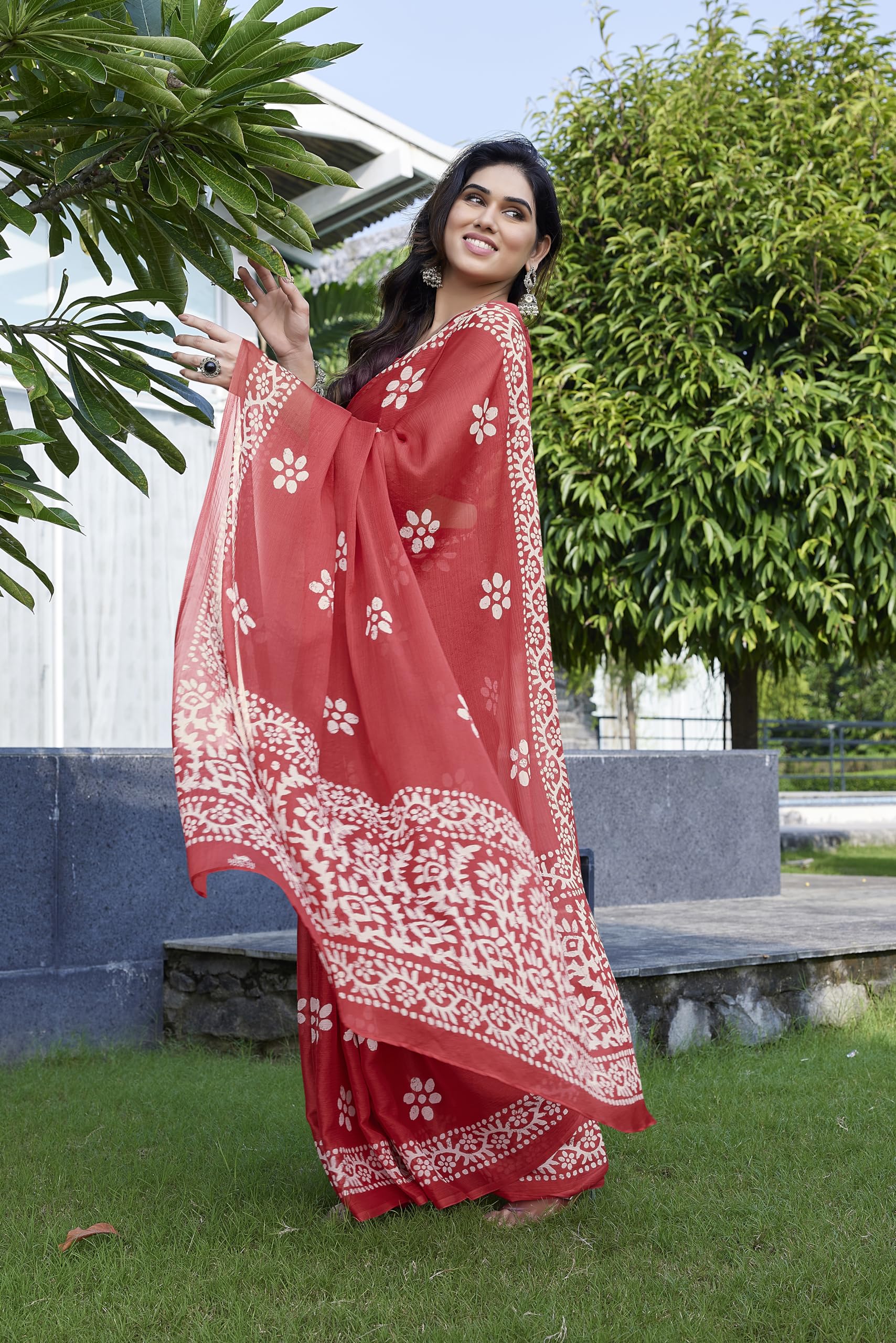 MIRCHI FASHION Chiffon Georgette Batik Printed Sarees for Women with Blouse Piece (38962-Coral, White) - Image 4