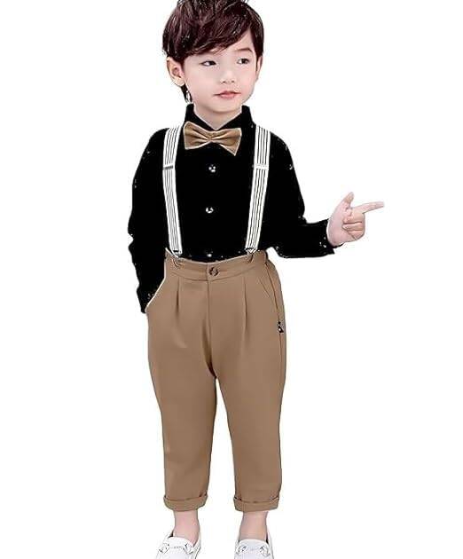 Zikigo Exclusive Baby Boy & Baby Girls Slub Soft Cotton Full Sleeves Shirt and Pant & Suspender Dungaree Set (Black-Khaki, 5-6 Years)