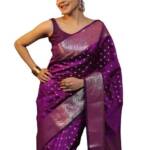 C J Enterprise Women's Banarasi Sarees Pure Kanjivaram Silk Saree Soft Design Wear Pattu Latest Party Cotton With Blouse Piece Kanchipuram for Wedding sadi new 2024 2025 (KeriButti-51) (Purple)