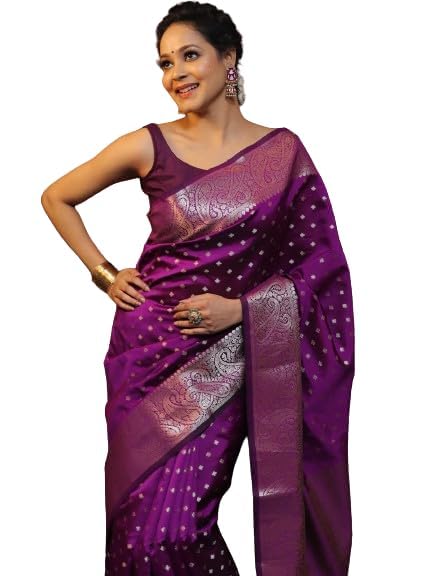 C J Enterprise Women's Banarasi Sarees Pure Kanjivaram Silk Saree Soft Design Wear Pattu Latest Party Cotton With Blouse Piece Kanchipuram for Wedding sadi new 2024 2025 (KeriButti-51) (Purple)