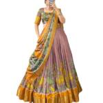 Women's Trending Designeer Tussar Silk Lehenga Choli Print with Foil Work With Unstitched Blouse Patola Print Adorned with Foil Work For Navrati || Wedding (PANKHUDI ORANGE)