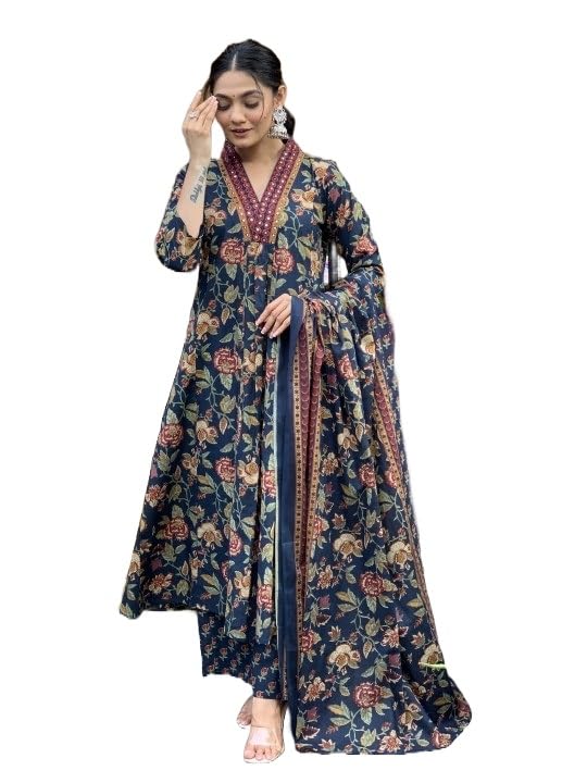 Nermosa Women Printed A-Line Kurta and Pant Set with Dupatta (in, Alpha, S, Blue)