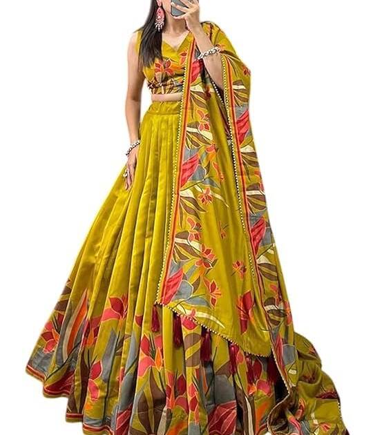 Women's Collection Dolla Silk Lehenga Choli Print with Foil Work With Unstitched Blouse (YELLOW)