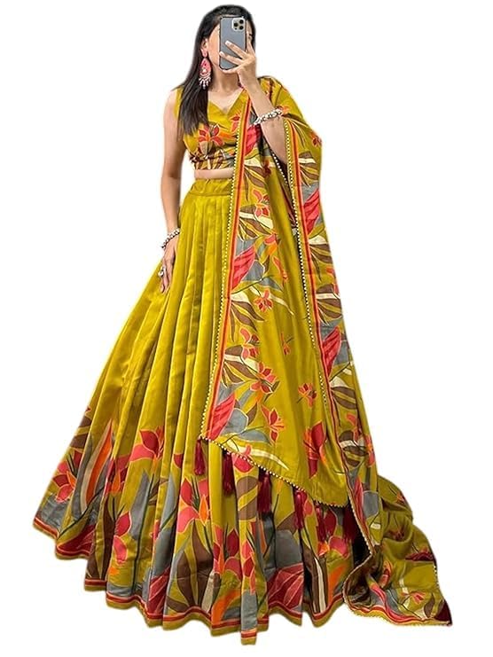Women's Collection Dolla Silk Lehenga Choli Print with Foil Work With Unstitched Blouse (YELLOW)