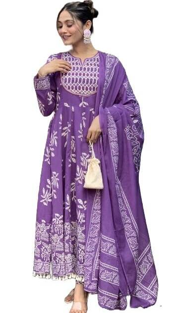 KLOSIA Women Printed Anarkali Kurta and Pant set with Dupatta (IN, Alpha, L, Purple)