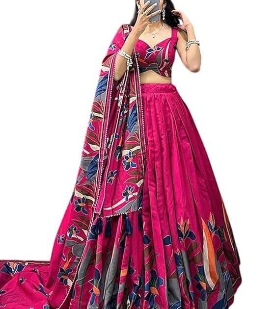 shree crialion Women's Trending Designeer Tussar Silk Lehenga Choli Print with Foil Work With Unstitched Blouse Patola Print Adorned with Foil Work For Navrati || Wedding (1216 PINK)