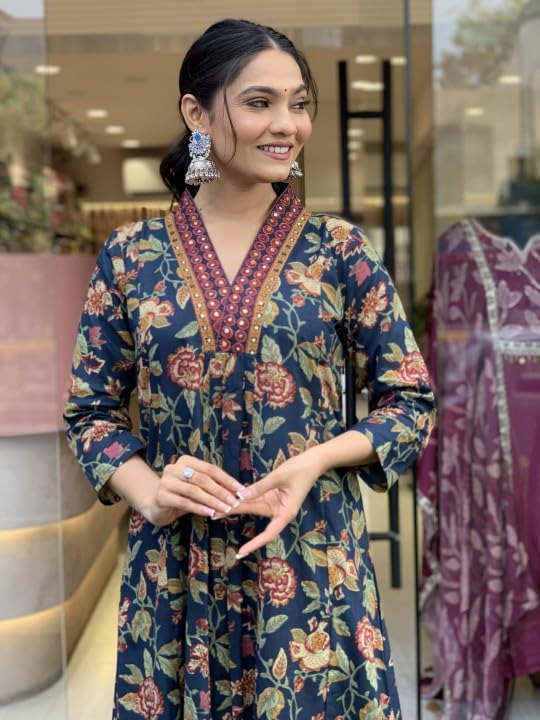 Nermosa Women Printed A-Line Kurta and Pant Set with Dupatta (in, Alpha, S, Blue) - Image 6