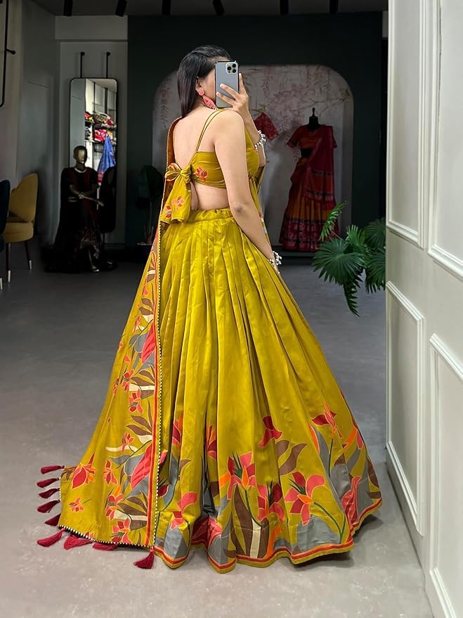 Women's Collection Dolla Silk Lehenga Choli Print with Foil Work With Unstitched Blouse (YELLOW) - Image 6