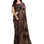 Satrani Women's Georgette Floral Printed Satin Stripe Saree with Unstitched Blouse Piece (3881S121N_Brown)