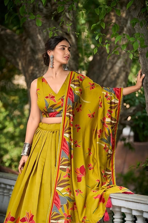 Women's Collection Dolla Silk Lehenga Choli Print with Foil Work With Unstitched Blouse (YELLOW) - Image 2