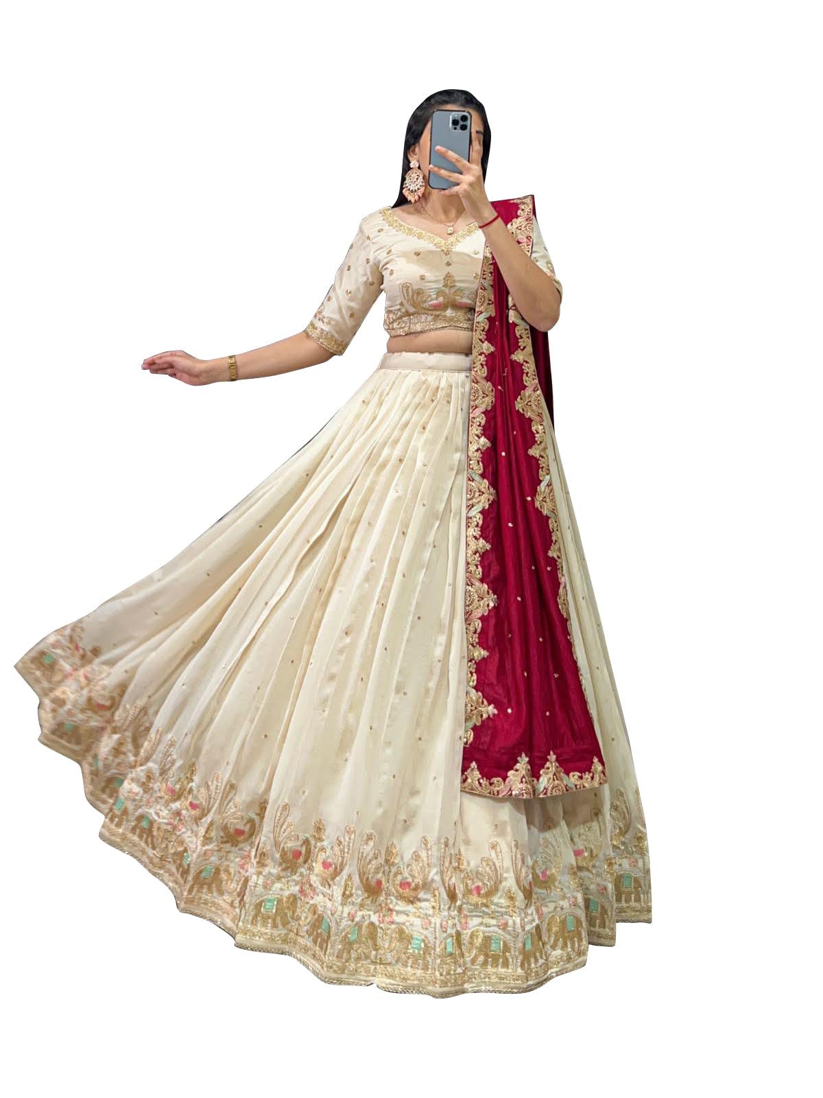 Women Art Silk Semi-Stitched Zivri Trends Embroidery Lehenga Choli With Dupatta | Bridal Stylish Wedding Lehenga Choli, Cream Free Size - Image 6